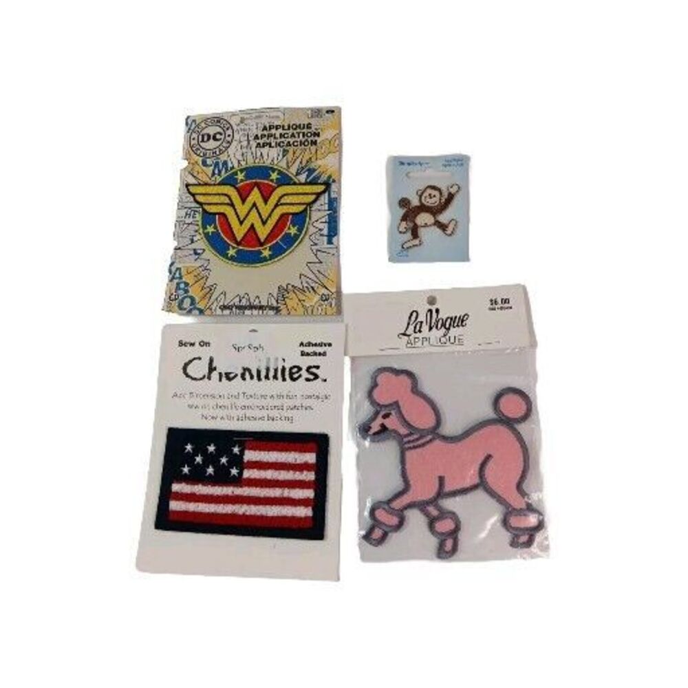 Vintage Patches Appliques Pink Poodle Monkey Flag Wonder Woman New In Pkg Four 4